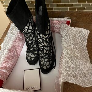 Coach Monogram Black and Gray Lace Up Boots
